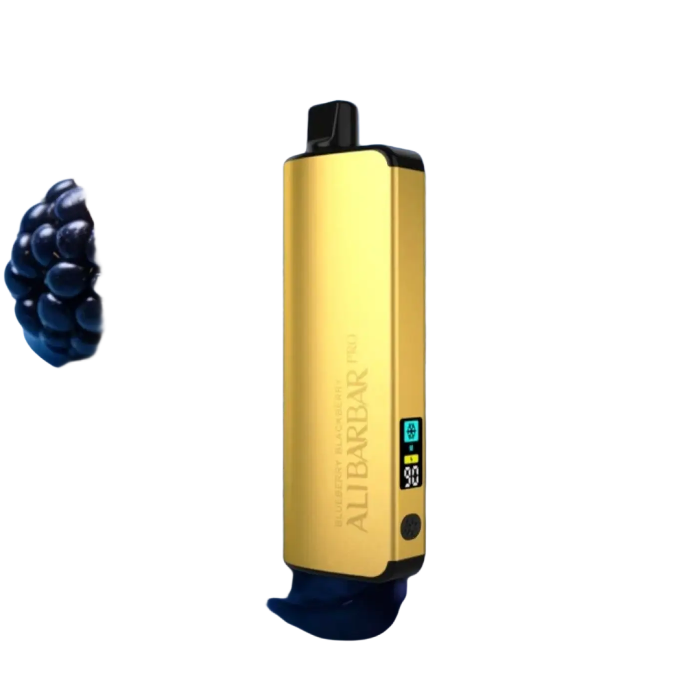 Gold-colored aluminum alibarbar pro vape pen with ice adjust digital display for iget vapes blueberry-blackberry flavor