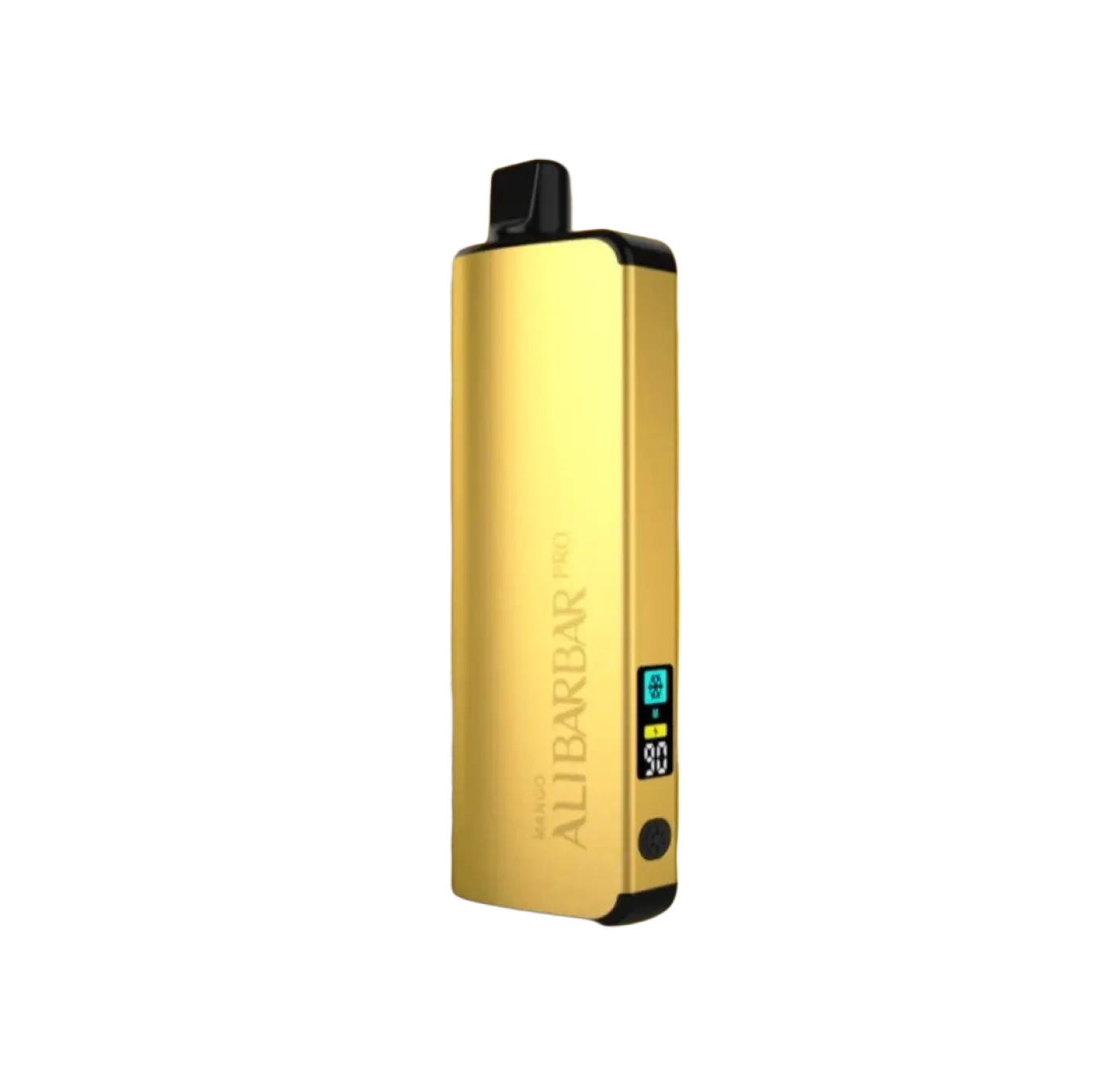 Gold-colored alibarbar pro 12000 ice adjust mango vape pen with sleek rectangular design and black accents