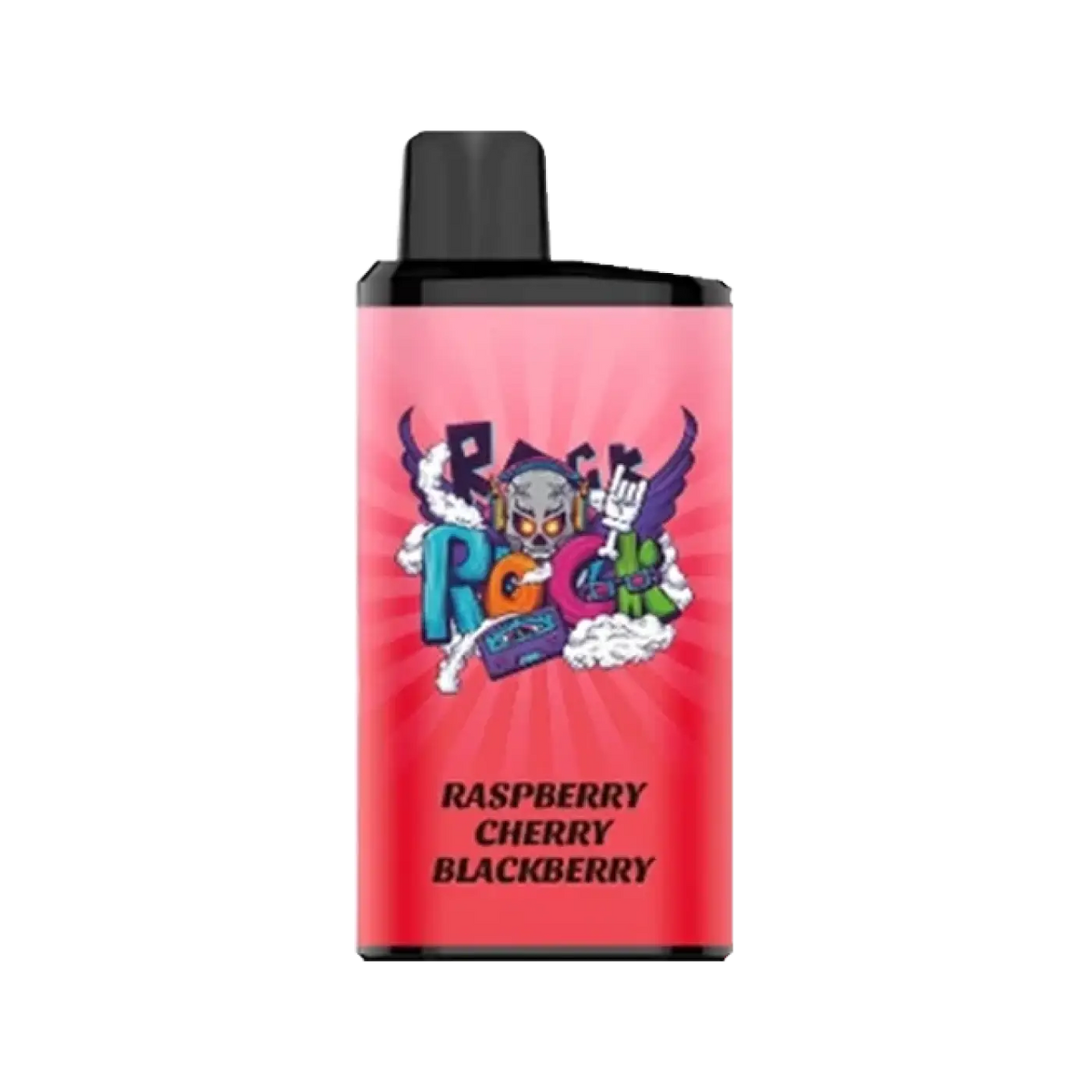 Pink rectangular iget bar pro raspberry cherry blackberry vape cartridge with black cap and colorful cartoon skull design