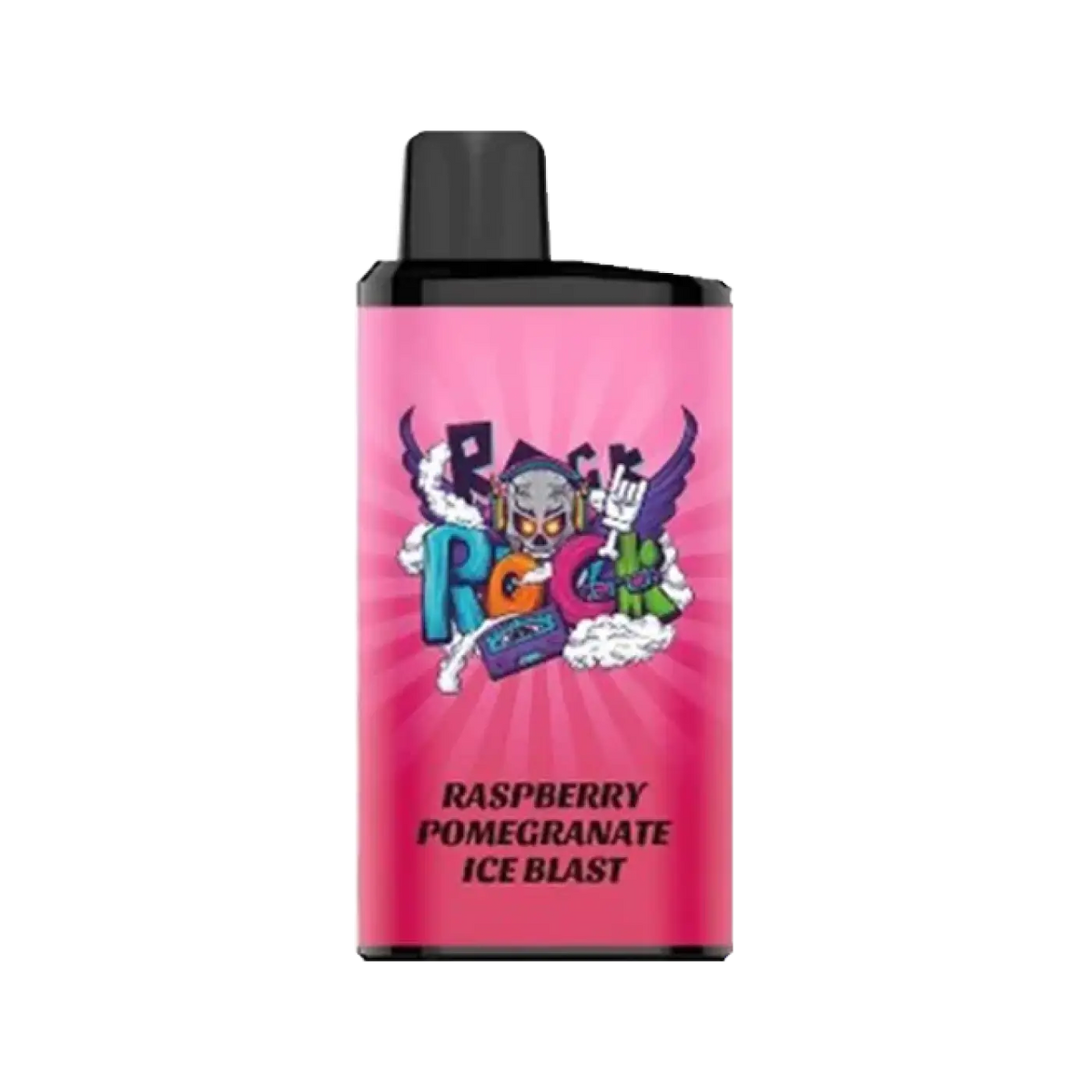 Pink cylindrical IGET Bar Pro raspberry pomegranate ice vape cartridge with black cap and skull headphones graphic