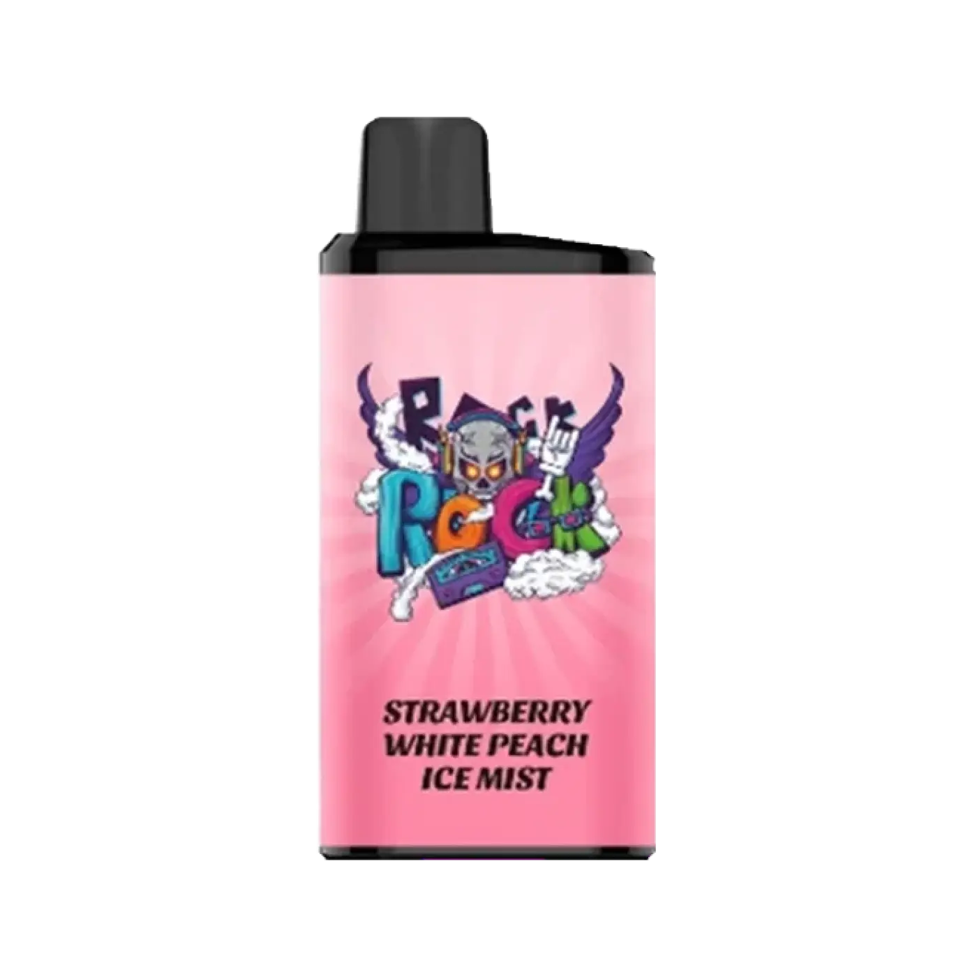 Pink rectangular iget bar pro vape cartridge with black cap and colorful cartoon skull labeled strawberry white peach ice mist