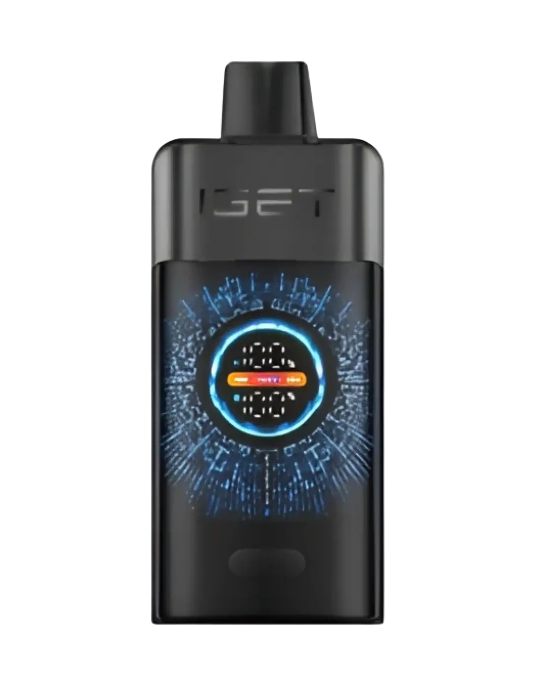 Black iget vape pen with glowing blue and orange circular display for blackberry ice flavor in iget pro series