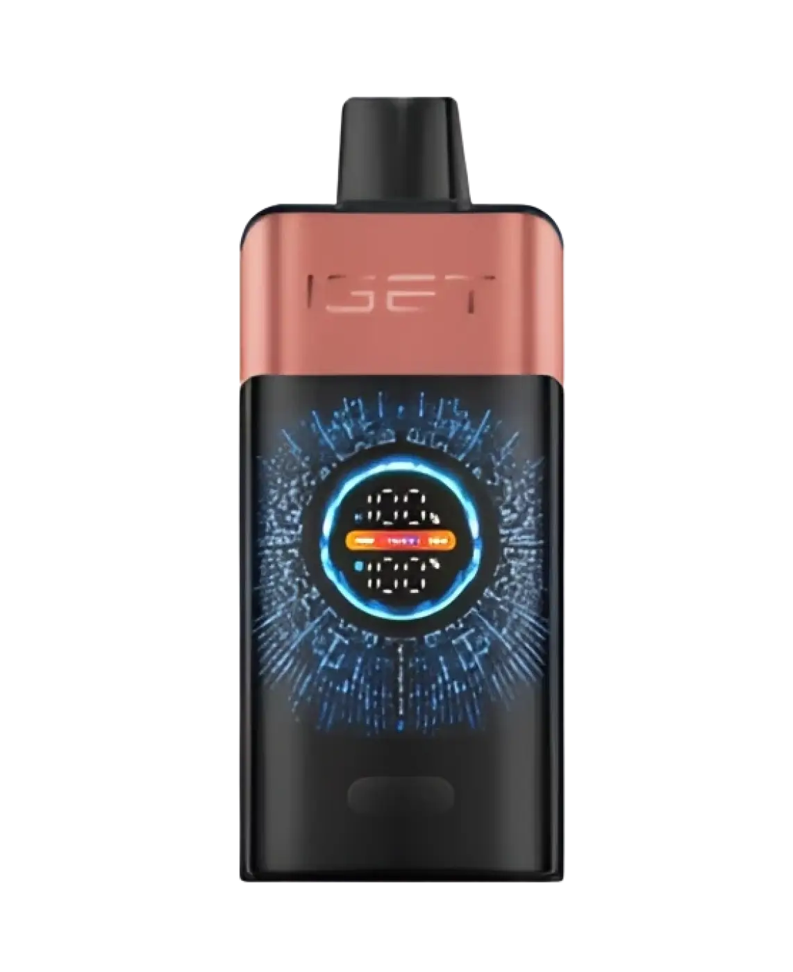 The sleek black and rose gold iget pro vape device features a glowing blue digital display orange center for blueberry raspberry flavor