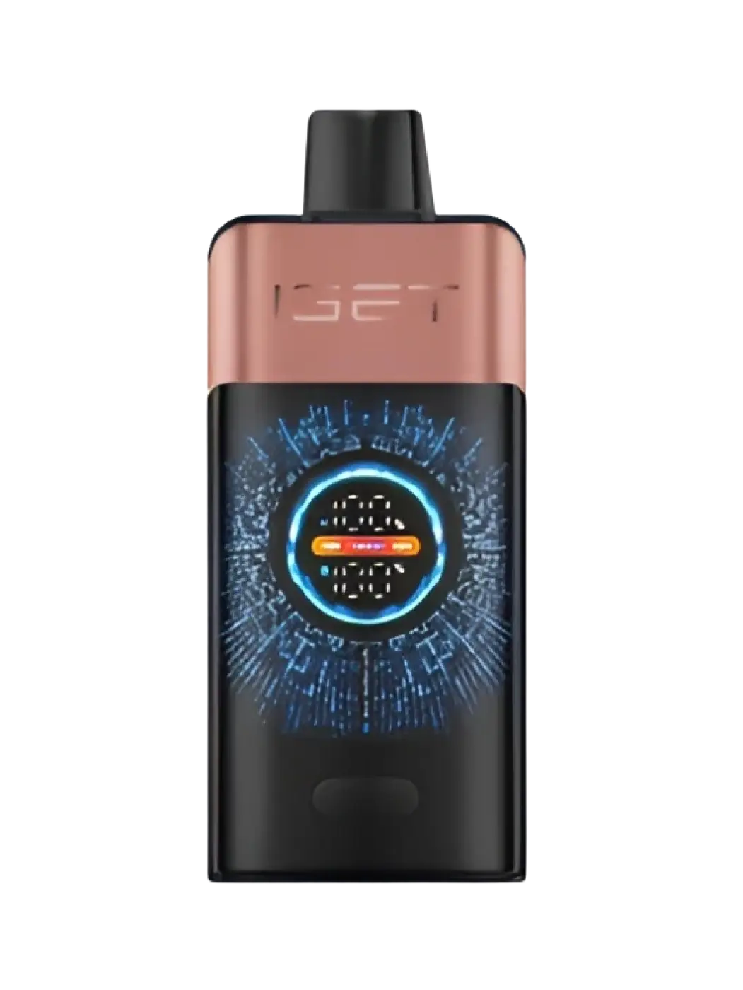 The sleek black and rose gold iget pro vape features a glowing blue digital display with orange accents for strawberry raspberry flavor