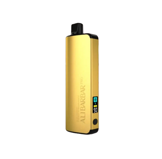 Gold-colored alibarbar pro vape pen with sleek metallic finish and digital battery display for ice adjust blackberry flavor