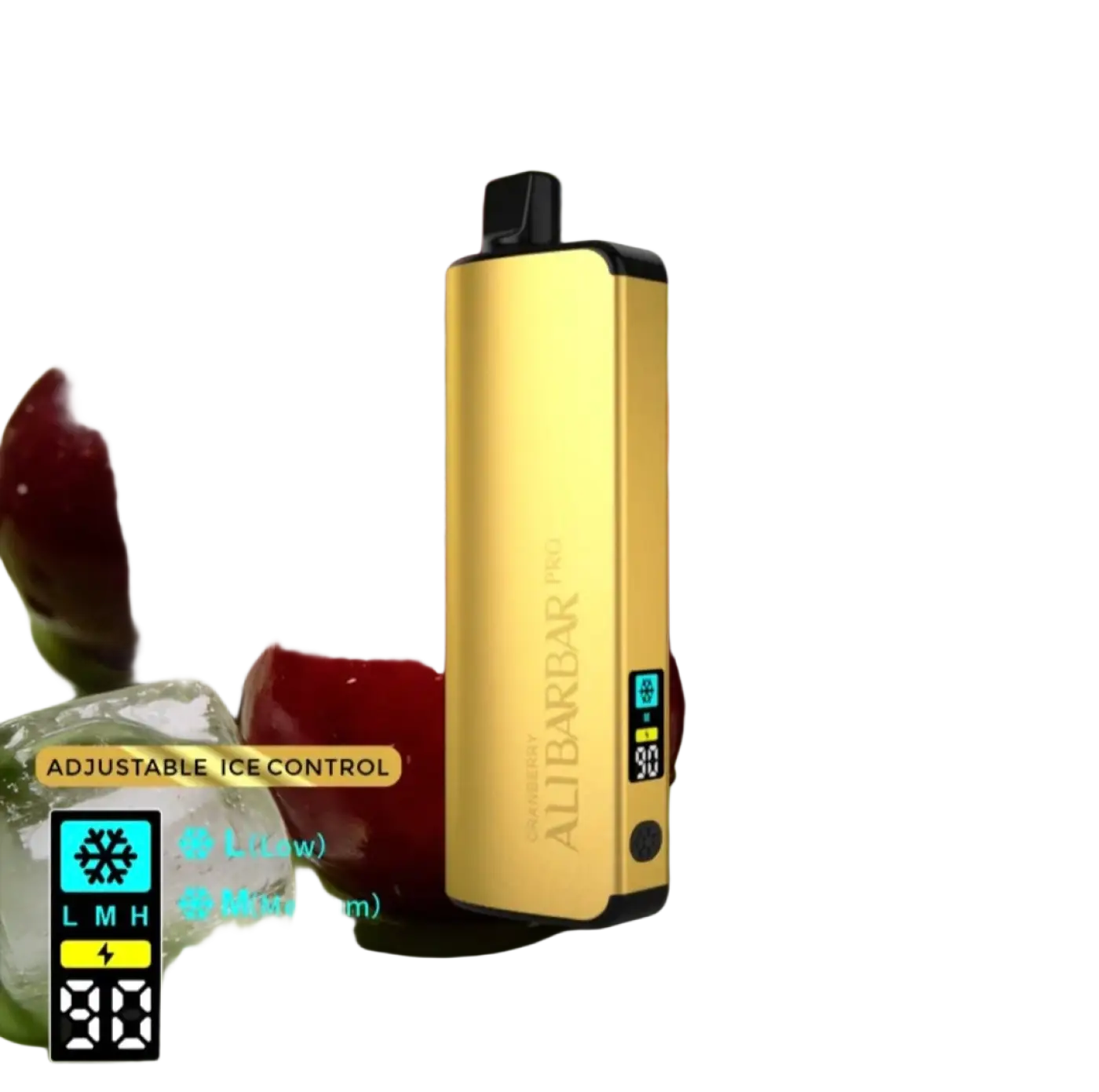 Gold-colored rectangular electronic vaporizer with black accents and digital display branded alibarbar pro ice adjust blackcurrant grape