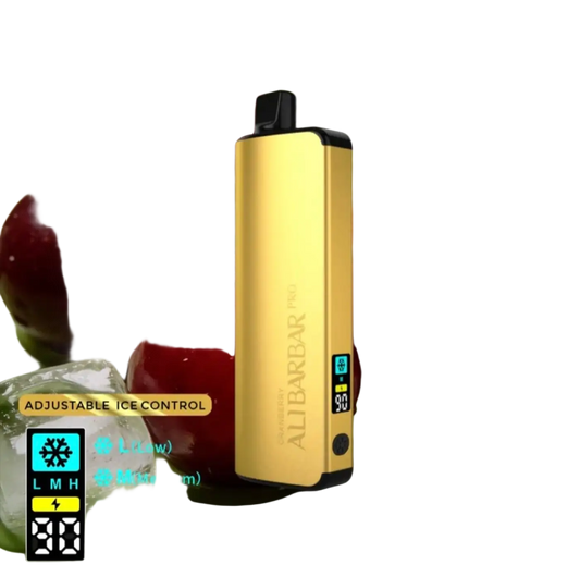 Gold-colored rectangular electronic vaporizer with black accents and digital display branded alibarbar pro ice adjust blackcurrant grape