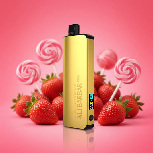 Gold-colored ali bar pro ice vape pen with black accents and digital display surrounded by chupa chups strawberry candy