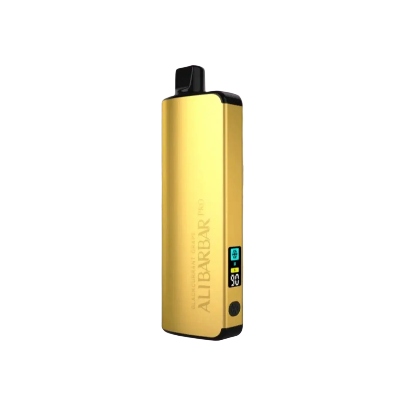 Gold-colored alibarbar pro vape pen with black accents and digital battery display for ice adjust cranberry flavor