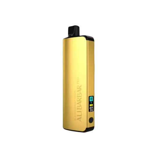 Gold-colored alibarbar pro vape pen with black accents and digital battery display for ice adjust cranberry flavor