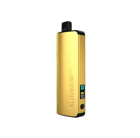 Gold colored alibarbar pro 12000 ice adjust fresh mint vape pen with black accents and digital battery display