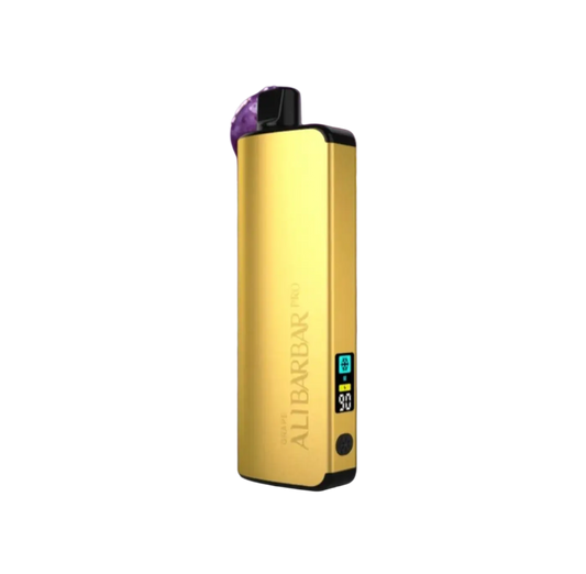 Gold alibarbar pro 12000 ice adjust vape pen with black accents and digital display showing battery and ice adjust grape settings