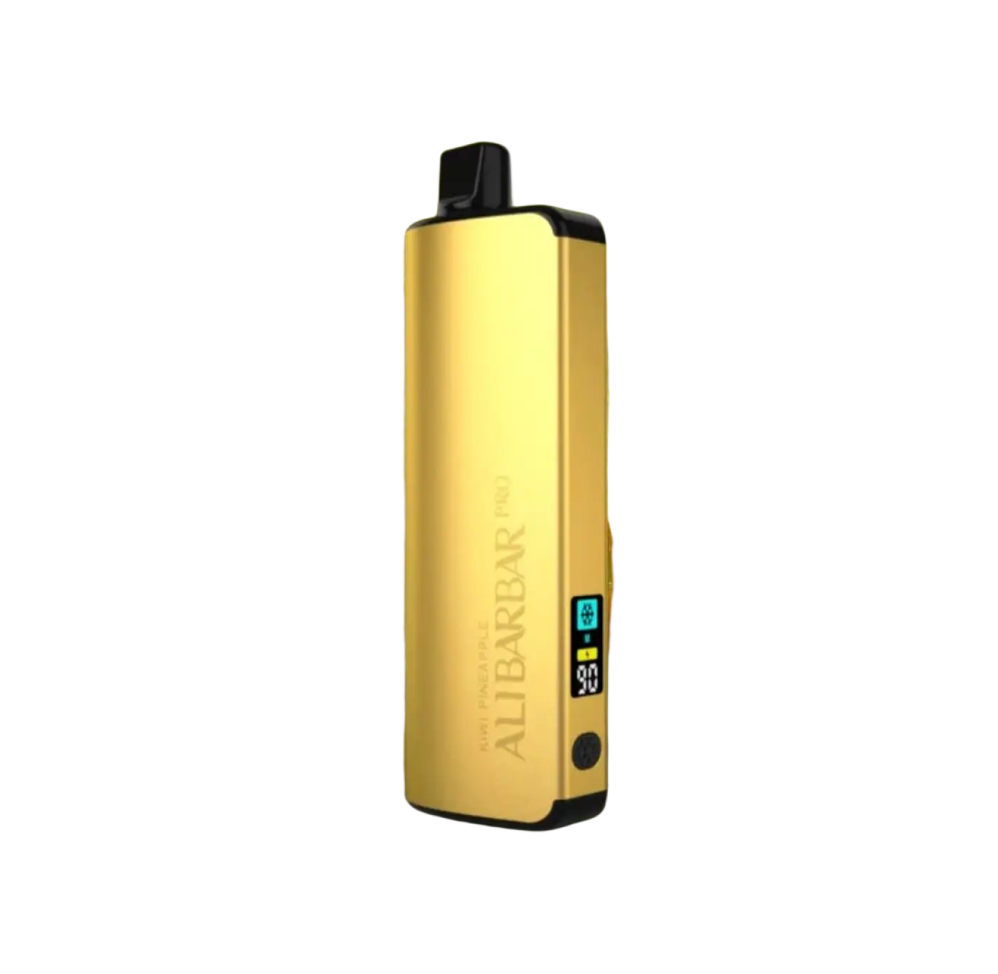 Gold-colored alibarbar pro 12000 vaporizer with black accents and digital display featuring ice adjust kiwi pineapple mode