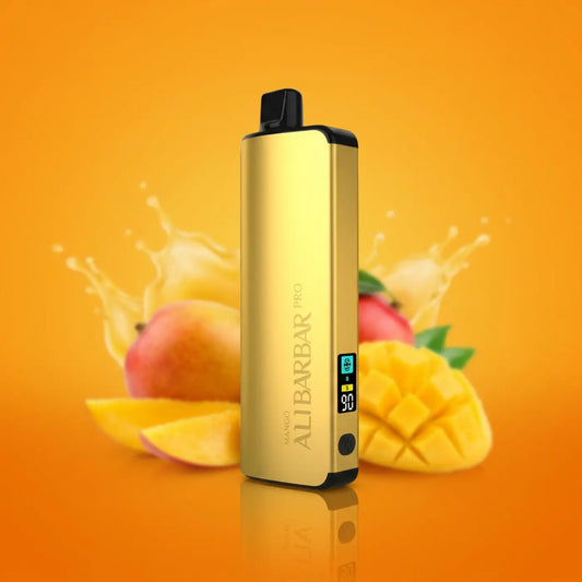 Gold-colored alibarbar pro 12000 ice adjust mango vaporizer with sleek rectangular design and black accents