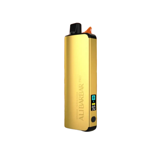 Gold-colored aluminum alibarbar pro 12000 vape pen with black accents and digital battery display for orange fanta soda flavor