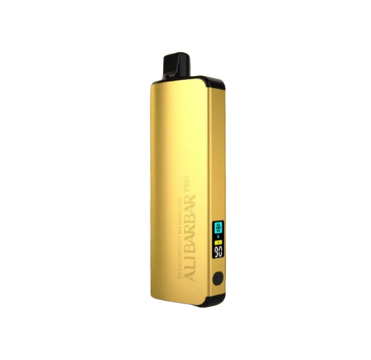 Gold-colored alibarbar pro 12000 ice adjust passionfruit mango lime vape pen with black accents and digital display
