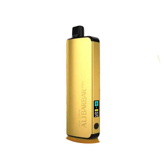 Gold-colored alibarbar pro 12000 ice adjust pink lemon vape pen with sleek rectangular design and black accents