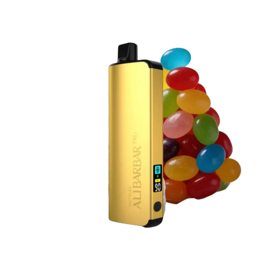 Gold-colored aluminum alibarbar pro 12000 vape pen with ice adjust skittles digital display showing battery and ice control settings