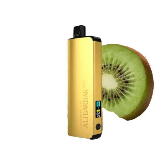 Gold-colored aluminum alibarbar pro 12000 ice adjust strawberry kiwi vape pen with black accents and digital battery display
