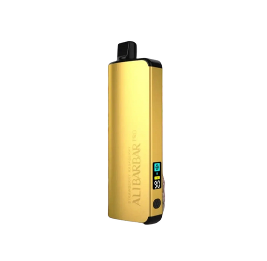 Gold-colored sleek rectangular alibarbar pro 12000 ice adjust vape pen with digital battery display and black accents in strawberry raspberry flavor