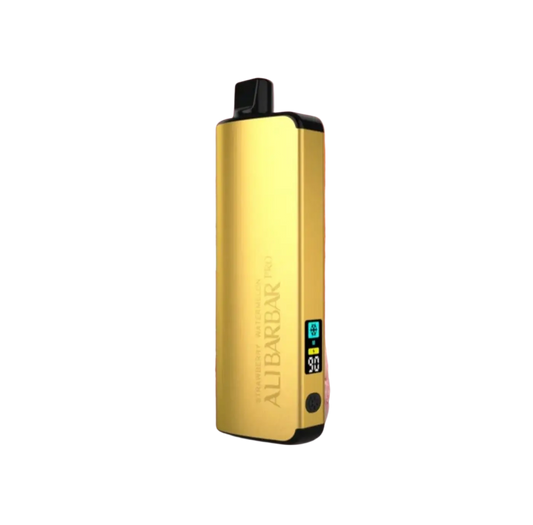 Gold-colored aluminum alibarbar pro 12000 ice adjust strawberry vape pen with black accents and digital battery display