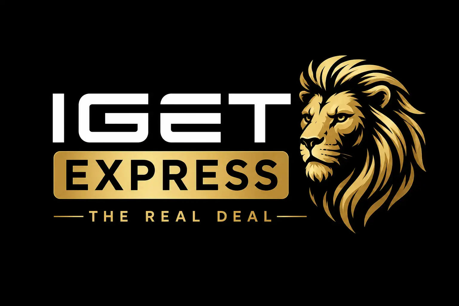 Gold-colored lion head logo with stylized mane, positioned next to the ’iget express’ text.