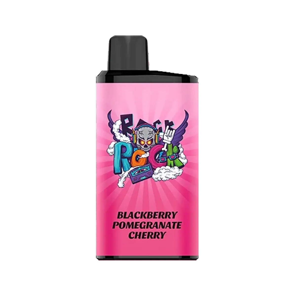 Pink rectangular iget bar pro vape pod with black top and colorful graphics featuring blackberry pomegranate cherry flavor