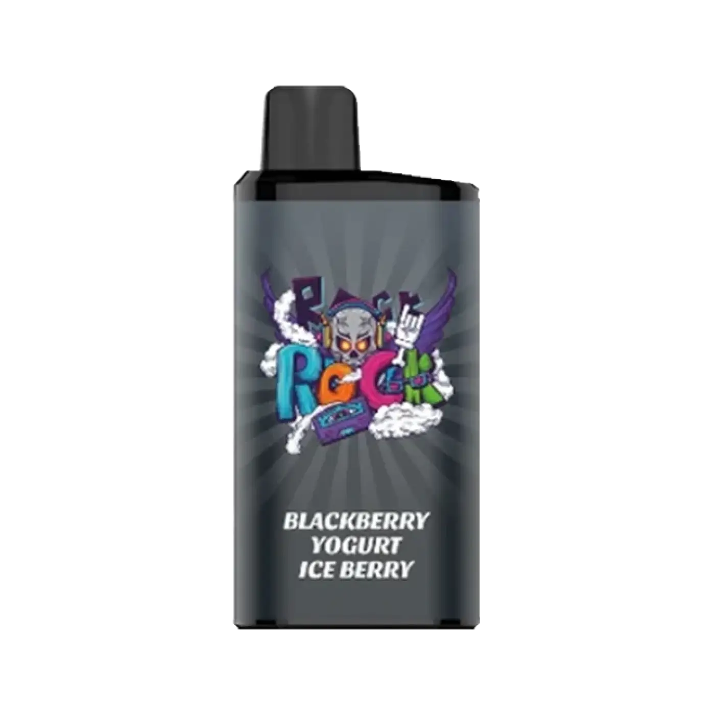 Iget bar pro blackberry yogurt ice berry vape cartridge with dark gray body and colorful skull headphone graphic design