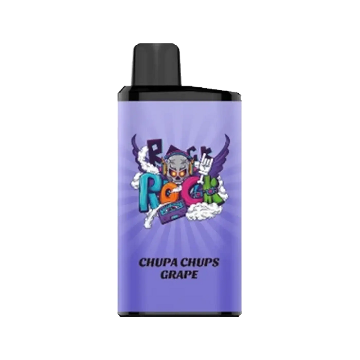 Purple iget bar pro vape cartridge with black cap and colorful rock chupa chups grape graphic design for bar pro chup