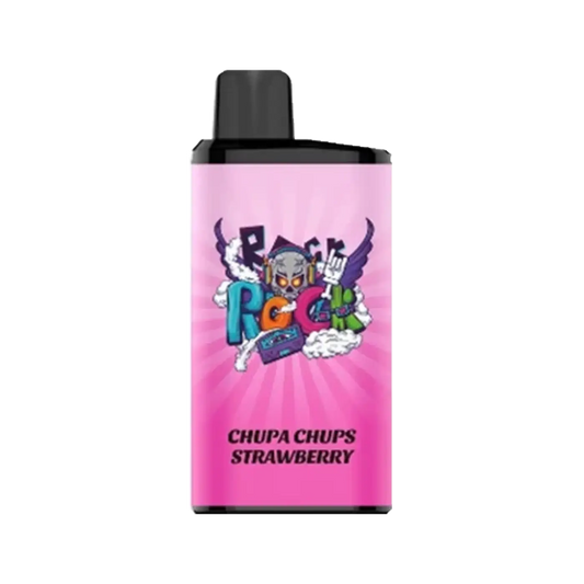 Pink rectangular iget bar pro vape pen with black cap and colorful skull wing cassette logo chups strawberry flavor