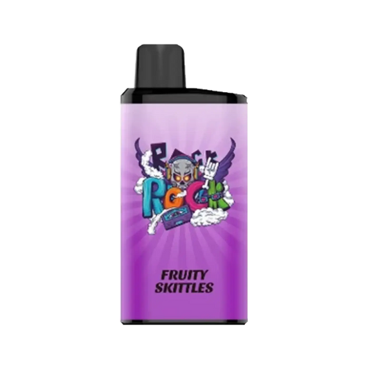 Purple iget bar pro vape pen with black cap and colorful fruity skittles cartoon graphic for pro fruity skittles flavor