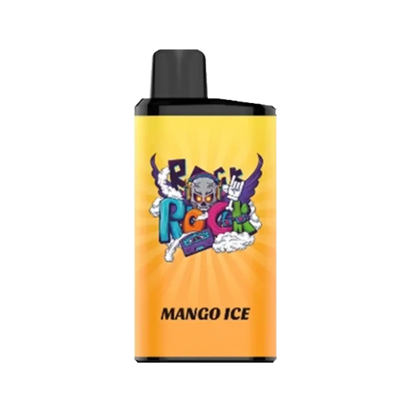 Yellow rectangular iget bar pro vape pen with black cap and colorful rock rock skull design for pro mango ice flavor