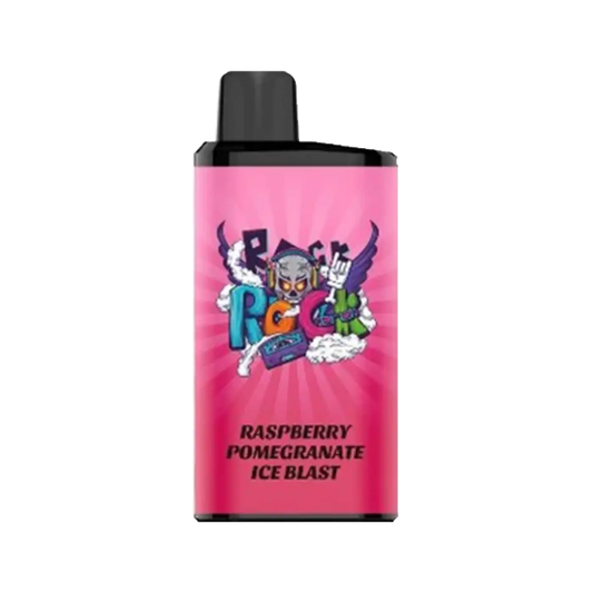 Pink cylindrical IGET Bar Pro raspberry pomegranate ice vape cartridge with black cap and skull headphones graphic