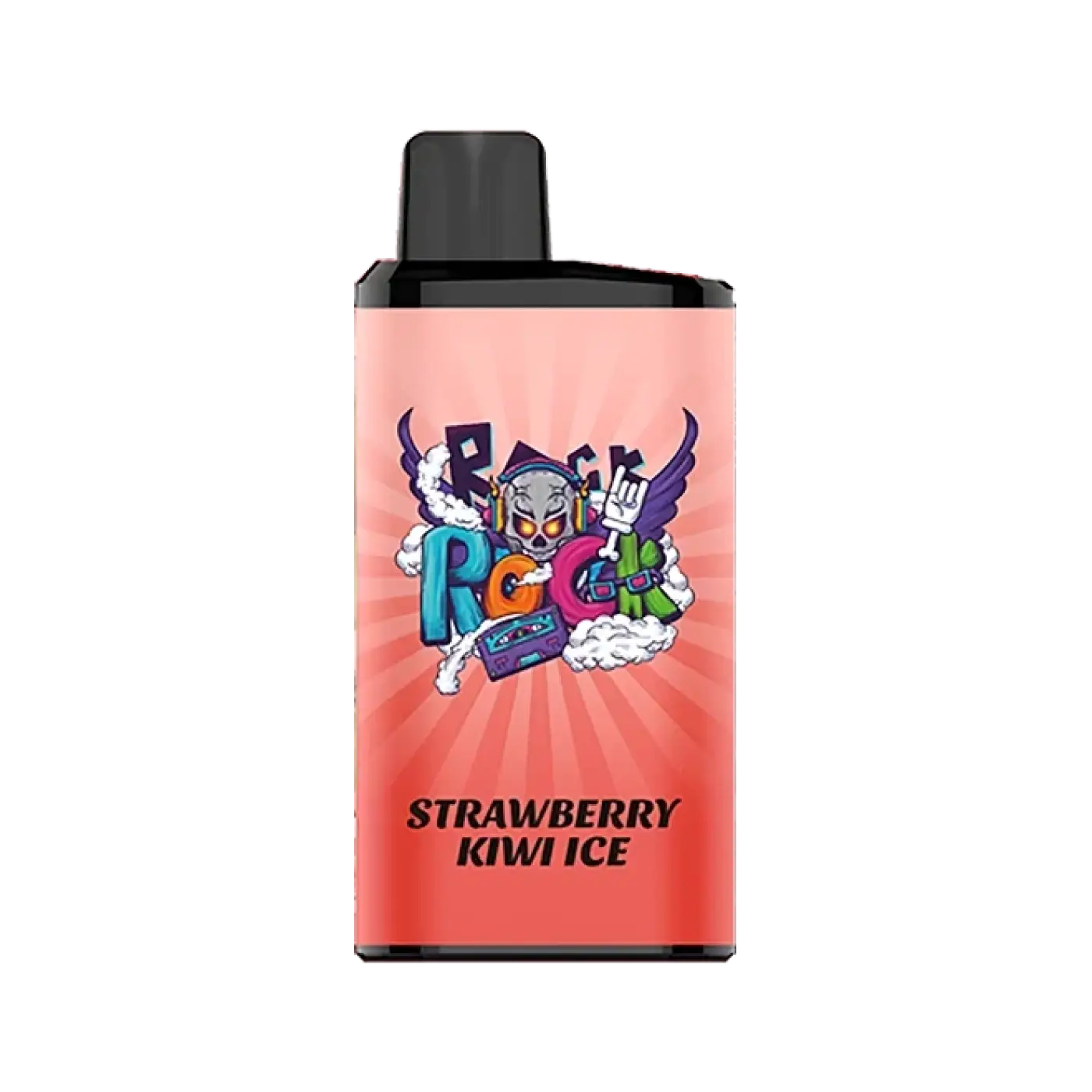 A vibrant pink iget bar pro vape pod with black cap featuring colorful strawberry kiwi ice cartoon graphics