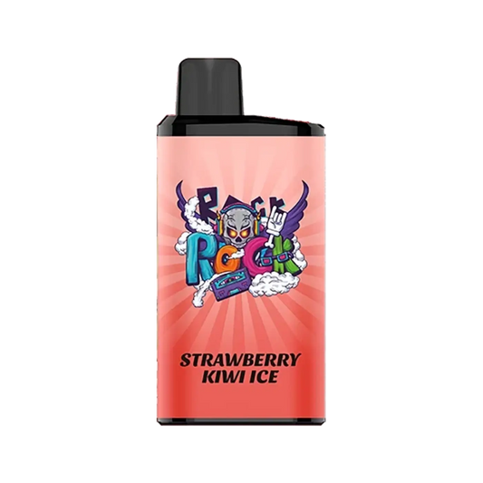 A vibrant pink iget bar pro vape pod with black cap featuring colorful strawberry kiwi ice cartoon graphics