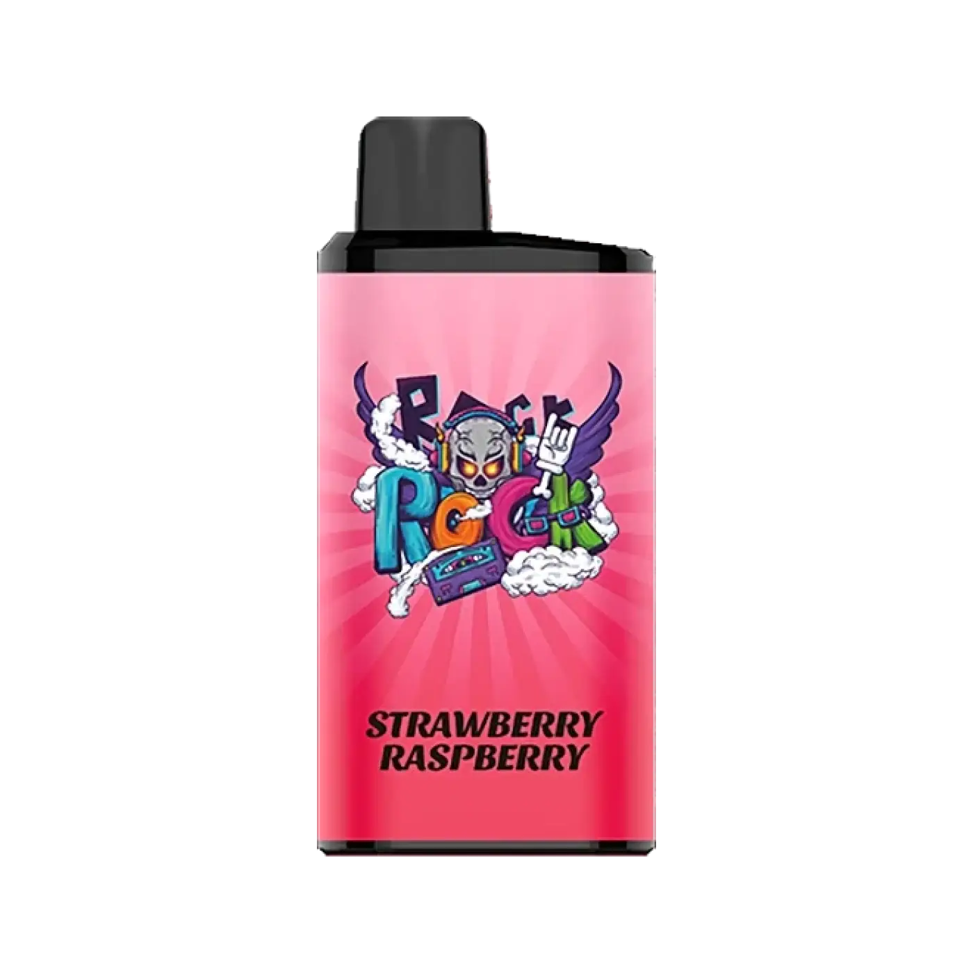 Iget bar pro strawberry raspberry vape pen in pink with black cap and colorful cartoon graphics design