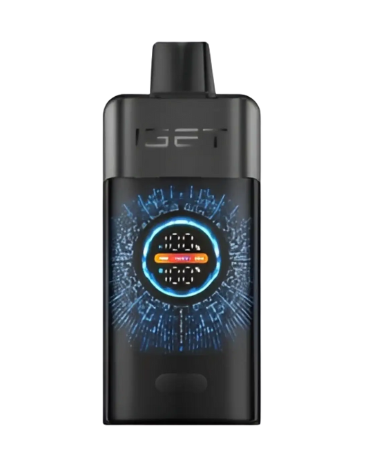 Black iget pro vape pen with glowing blue and orange circular display from black forest iget vapes collection
