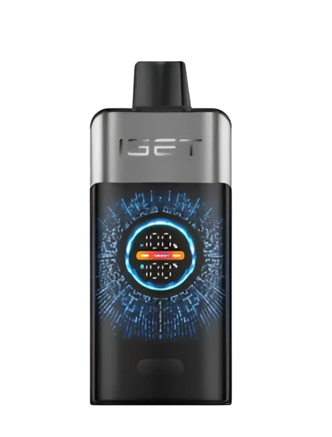 Black and silver iset vape pen with glowing blue digital display for iget one blackberry cherry pomegranate flavor