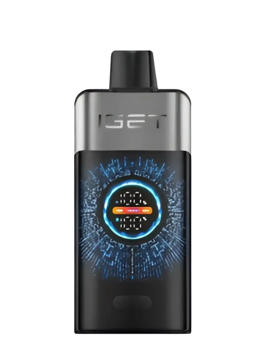 Black and silver iset vape pen with glowing blue digital display for iget one blackberry cherry pomegranate flavor