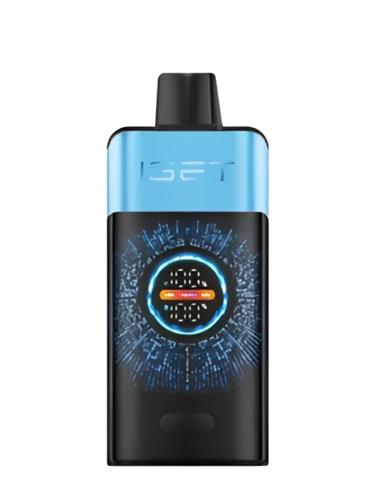 Blue and black iget pro vape pen with glowing digital display in blueberry ice flavor for smooth vaping experience