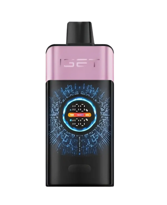Pink and black iget pro vape pen with glowing blue circular display for cherry pomegranate flavor iget bar