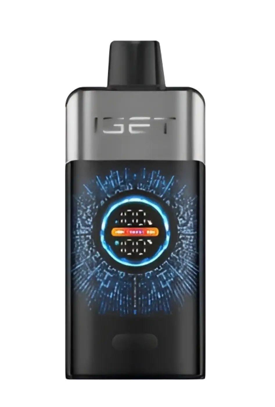 The iget pro vape device in black and silver features a glowing blue circular display with orange center for chups blackberry