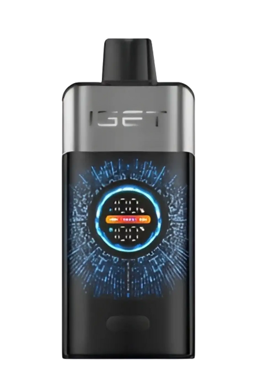 The iget pro vape device in black and silver features a glowing blue circular display with orange center for chups blackberry