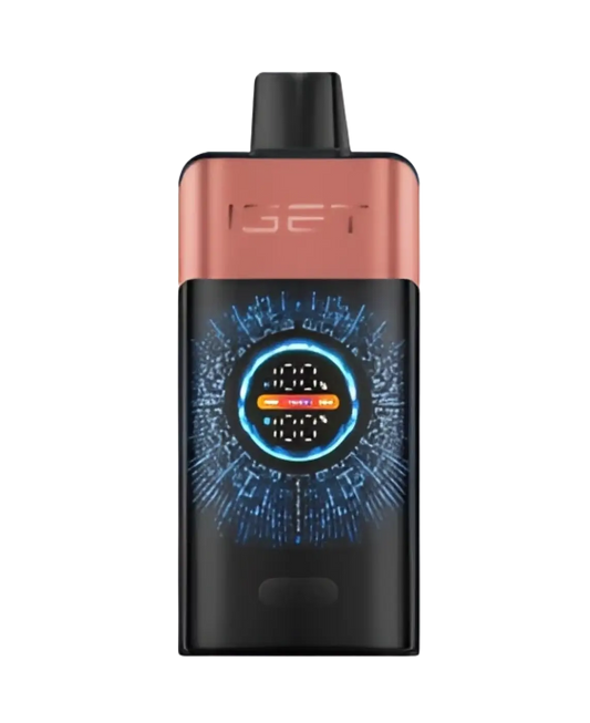 The sleek black and rose gold iget pro vape device with a glowing blue digital display features chups strawberry flavor