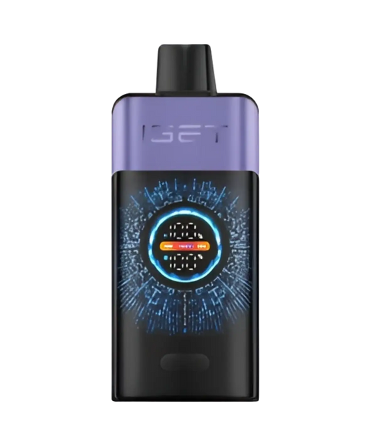 Purple and black iget one grape ice vape pen with glowing blue digital display from iget pro series iget vapes