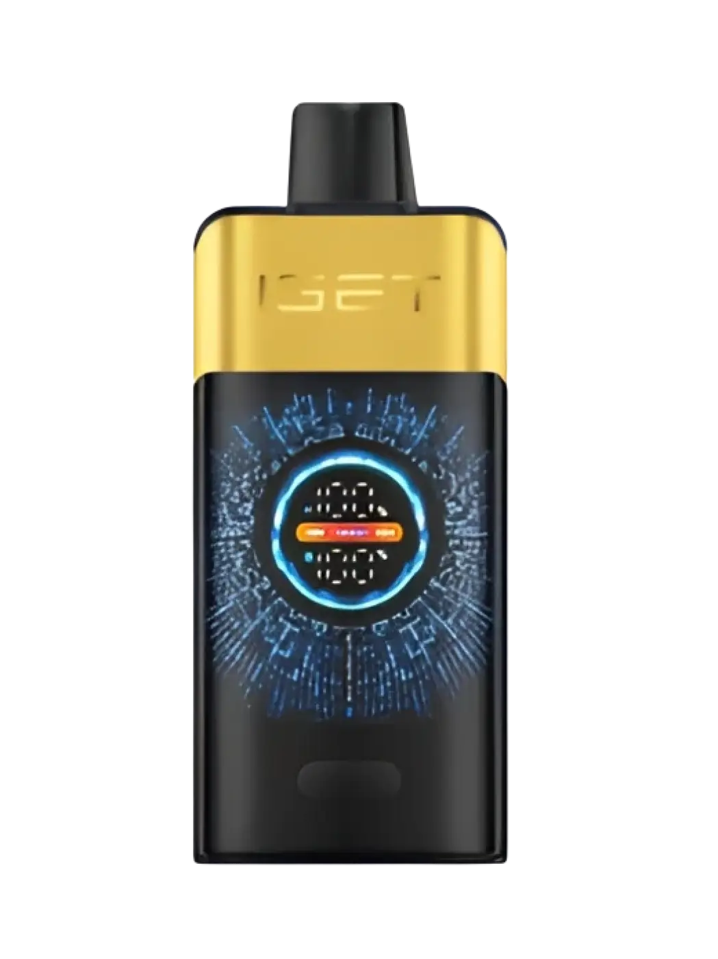 Gold and black iget pro vape pen with a glowing blue circular display for kiwi pineapple flavor by iget vapes