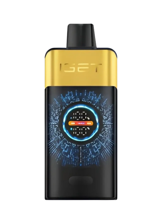 Gold and black iget pro vape pen with a glowing blue circular display for kiwi pineapple flavor by iget vapes