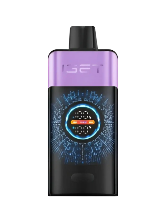 Purple and black iget vape pen with digital display showing battery and wattage for mixed berries ice flavor