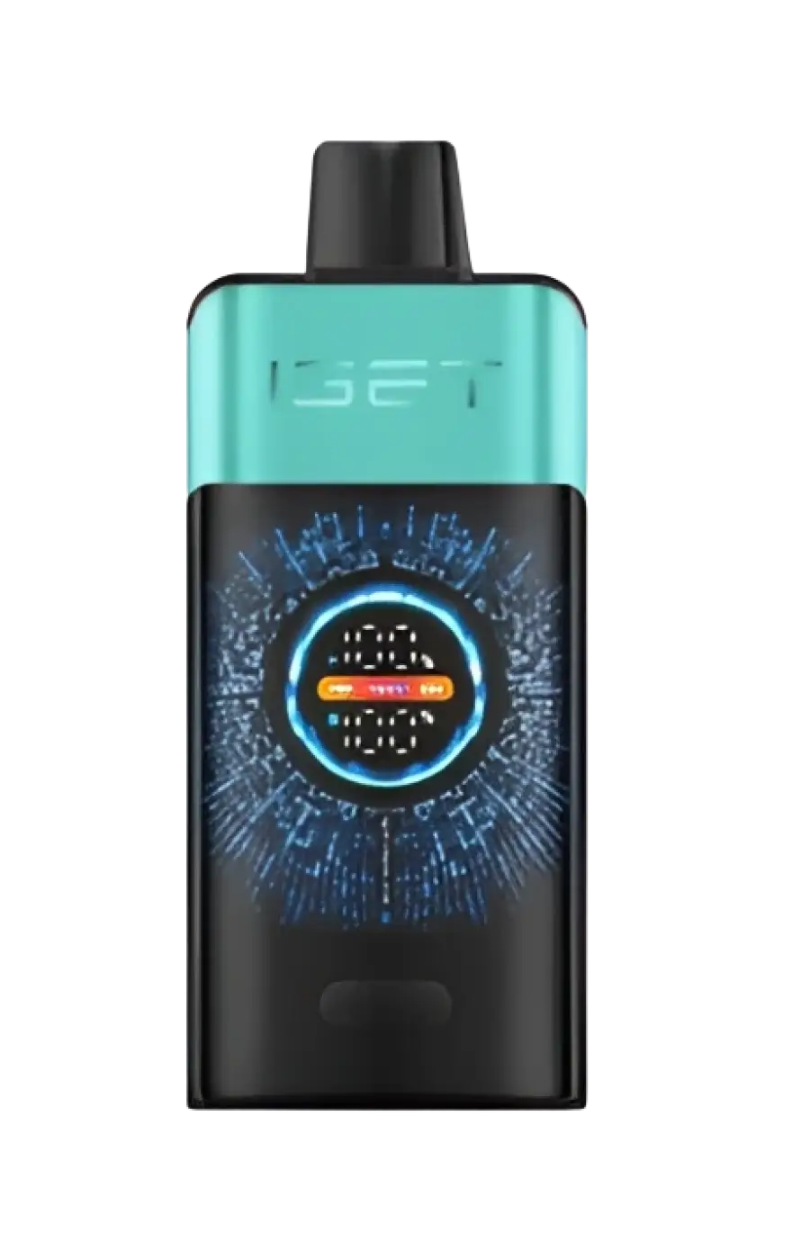 Teal and black iset vape device with circular digital display for iget one mountain spring mint ice flavor