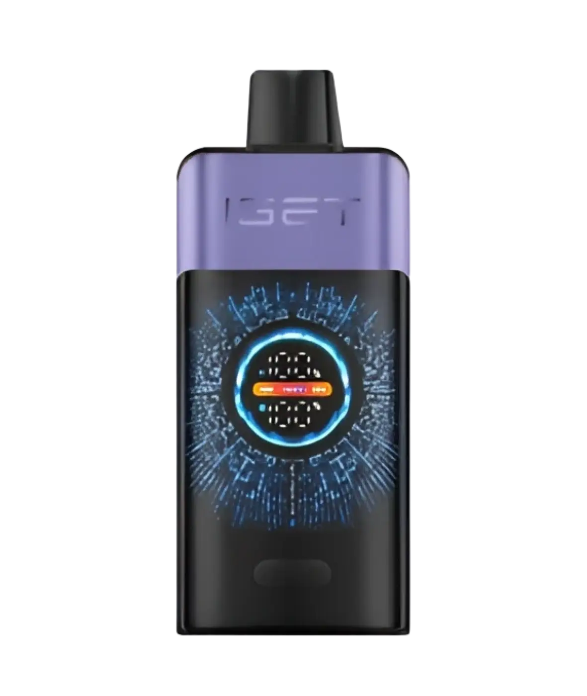 Purple and black iset vape pen with glowing blue digital display for raspberry grape ice flavor vaping